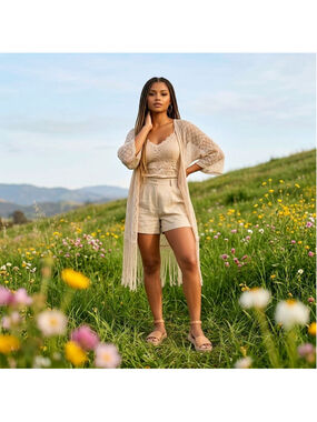 Boho Revival Beige Crochet Short Sleeve Fringe Shrug Kimono Wrap XL Festival Szn